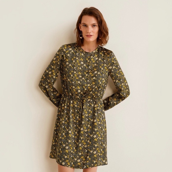 Mango Dresses & Skirts - Mango Floral Silky Long Sleeve Dress - Yellow and Black Size Medium NWT